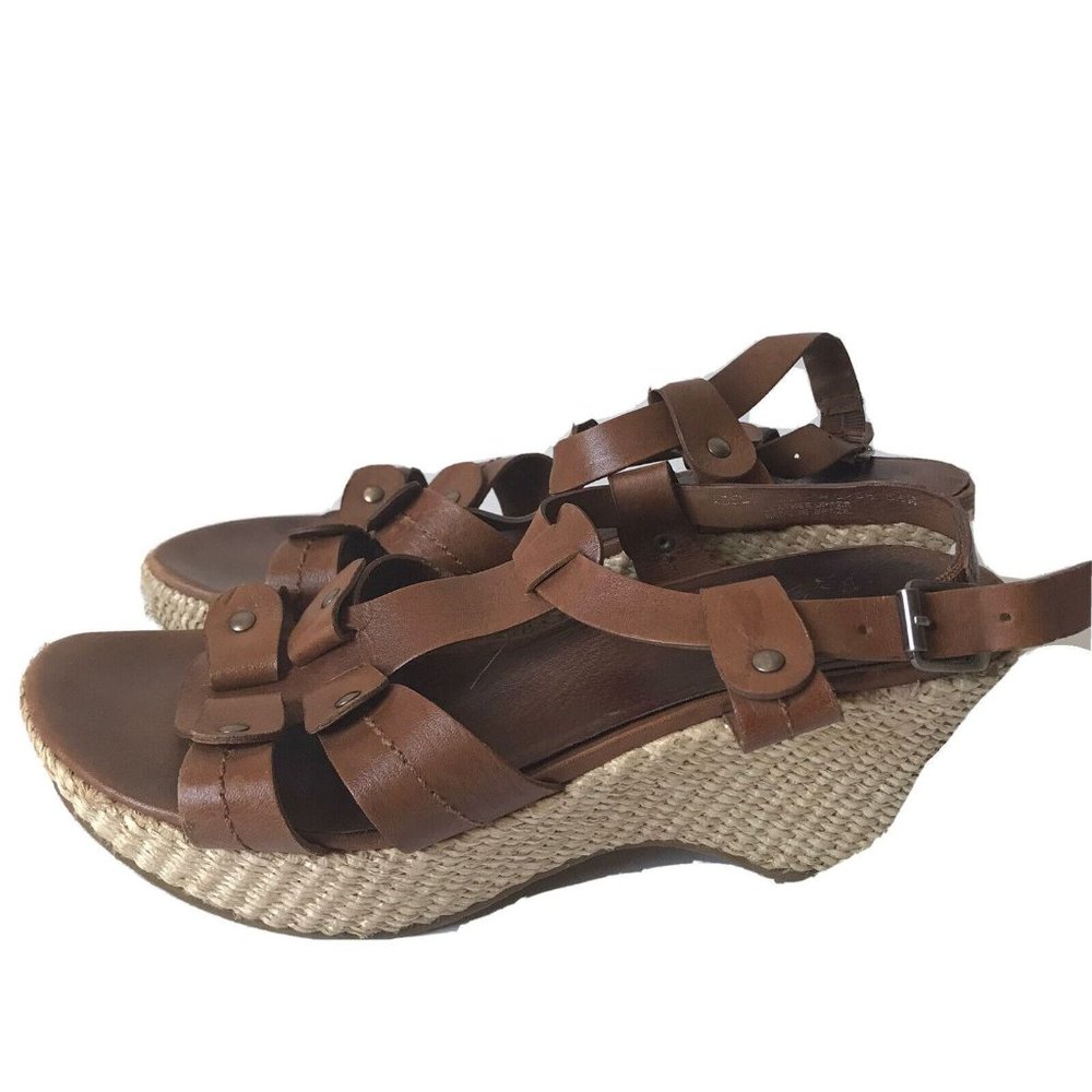 Adelia Brown Leather Espadrille Wedge Sandals Studded Strappy Platform 8.5M